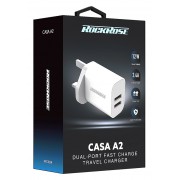 ROCKROSE φορτιστής τοίχου για πρίζα UK Casa A2, 2x USB, 2.4A 12W, λευκός