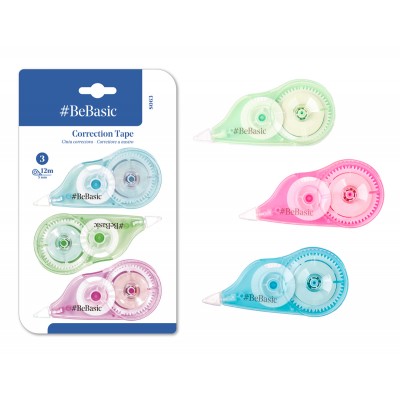 BEBASIC σετ διορθωτική ταινία S063, 5mm x 12m, μπλε/πράσινη/ροζ, 3τμχ