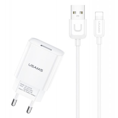 USAMS φορτιστής τοίχου T21OCLN01 με καλώδιο Lightning, USB 2.1A, λευκός
