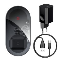 Baseus Simple 24W 2in1 Qi wireless charger for phone and AirPods headphones + wall charger black (TZWXJK-B01)
