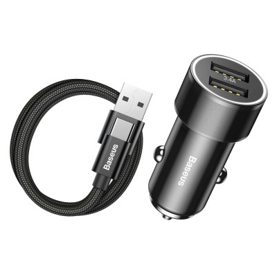 Baseus Small Screw 3.4A Universal Smart Car Charger 2x USB + USB Type-C cable 1m 2A black (TZXLD-B01)