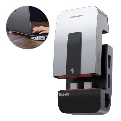 Baseus laptop stand multifunctional HUB USB Typ C - USB 3.0 / RJ45 / 3,5 mm mini jack / HDMI / USB Typ C / Thunderbolt 3 for MacBook Pro gray (CAHUB-AJ0G)