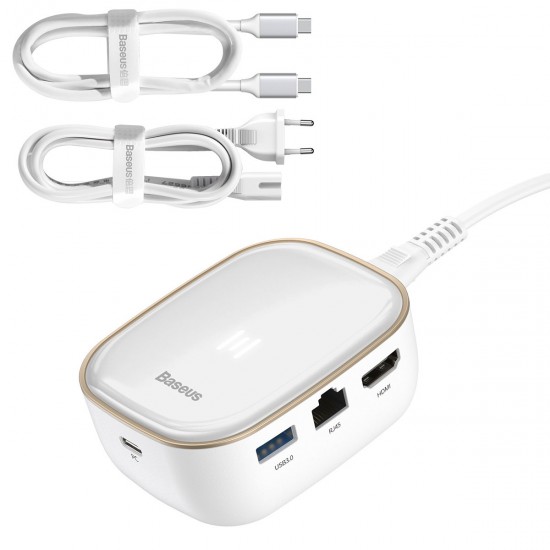 Baseus multifunctional USB Type C HUB, memory card reader, external network card (USB 3.0, RJ45, HDMI, SD, micro SD) Power Delivery 60 W white (CAHUB-AU02)