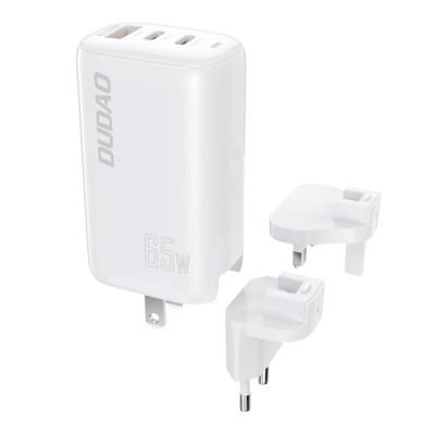 Dudao 3-port GaN charger 3in1 (EU, US, UK) 2 x Type C (PD) + USB (QC) 65W white (A7PRO)