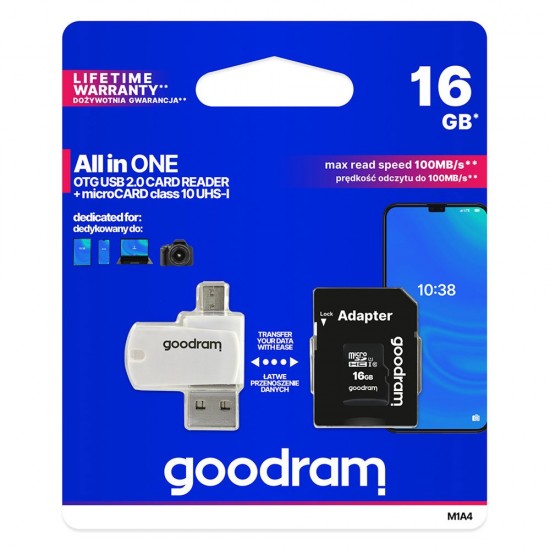 Goodram All in one 16 GB micro SD HC UHS-I class 10 memory card, SD adapter, micro SD OTG card reader (USB, micro USB) (M1A4-0160R12)