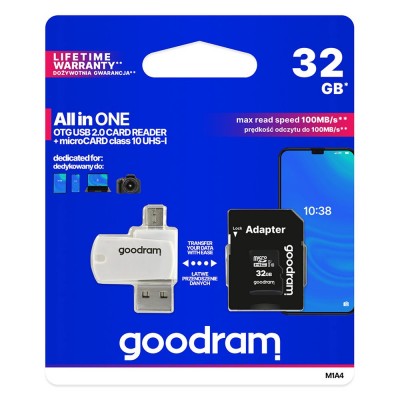 Goodram All in one 32 GB micro SD HC UHS-I class 10 memory card, SD adapter, micro SD OTG card reader (USB, micro USB) (M1A4-0320R12)