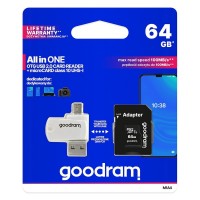 Goodram All in one 64 GB micro SD XC UHS-I class 10 memory card, SD adapter, micro SD OTG card reader (USB, micro USB) (M1A4-0640R12)