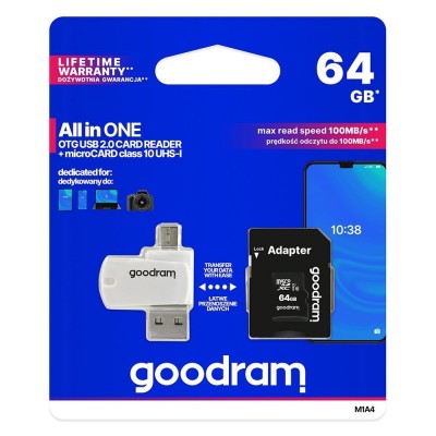Goodram All in one 64 GB micro SD XC UHS-I class 10 memory card, SD adapter, micro SD OTG card reader (USB, micro USB) (M1A4-0640R12)