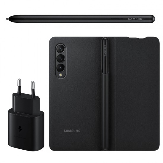 Samsung Leather Flip Cover case for Samsung Galaxy Z Fold 3 + S Pen Stylus + Travel Adapter 25W black (EF-FF92KKBEGEE)