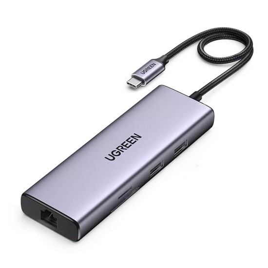 Ugreen 9in1 multi-functional HUB USB Type C card reader - 2x USB 3.2 Gen 1  / 1x USB 2.0 / 2x HDMI 4K 60Hz / SD and TF / USB Type C PD 100W / Ethernet  RJ45 gray (90119 CM490)