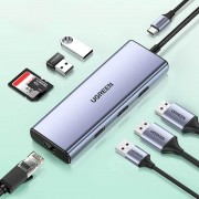 Ugreen 9in1 multi-functional HUB USB Type C card reader - 2x USB 3.2 Gen 1 / 1x USB 2.0 / 2x HDMI 4K 60Hz / SD and TF / USB Type C PD 100W / Ethernet RJ45 gray (90119 CM490)