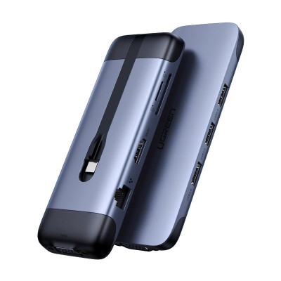 Ugreen 9w1 multifunctional HUB USB Typ C - HDMI / 3x USB 3.2 Gen 1 / czytnik kart SD micro SD / VGA / RJ45 / USB Typ C Power Delivery 100 W 20 V 5 A gray (70409 CM286)