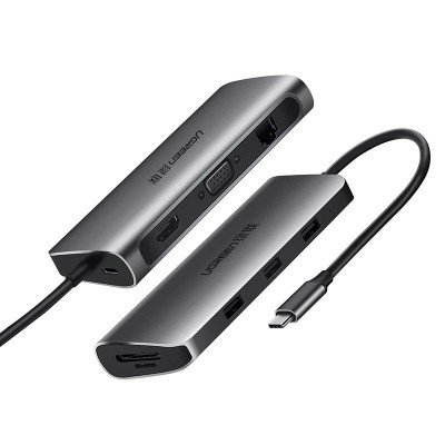 Ugreen USB Typ C HUB 3x USB 3.0 / SD and micro SD card reader / RJ45 1000Mbps network adapter / HDMI / VGA gray (40873)