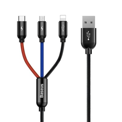 Baseus Three Primary Colors 3in1 USB - micro USB / Lightning / USB-C nylon braided cable 3.5A 1.2M black (CAMLT-BSY01)
