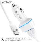 LAMTECH 2xUSB 2,4A CAR CHARGER WITH TYPE-C CABLE 1M WHITE